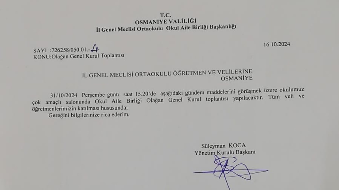 OKUL AİLE BİRLİĞİ OLAĞAN GENEL KURUL TOPLANTISI